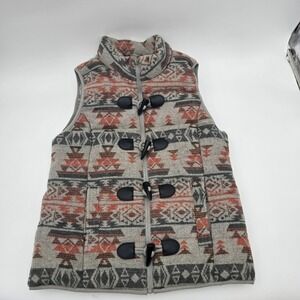 Ruff Hewn Women's Small Aztec Southwestern Fleece Puffer Vest Gray Orange Toggle